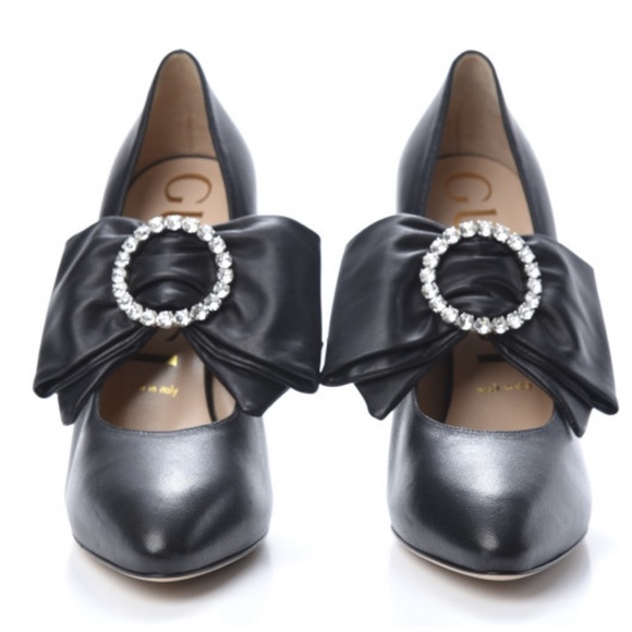 GUCCI Nappa Removable Bow Elaisa Platform High Heel Pumps 37 Black - Picture 1 of 16